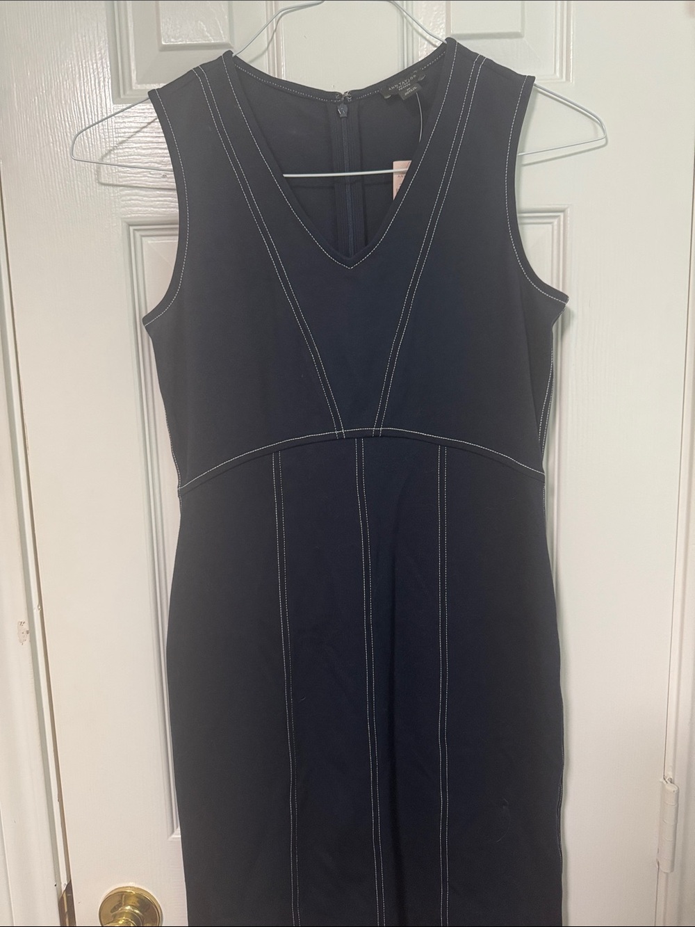 Ann Taylor Navy Sleeveless V-Neck Midi Dress with White Contrast Stitching